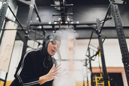Muslim asian woman in hijab exercizing in a gym.