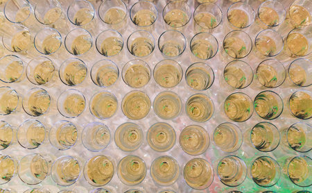 A lot of wine glasses with a cool delicious champagne or white wine at the bar.