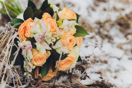beautiful wedding brides bouquet. vintage toned picture.の写真素材
