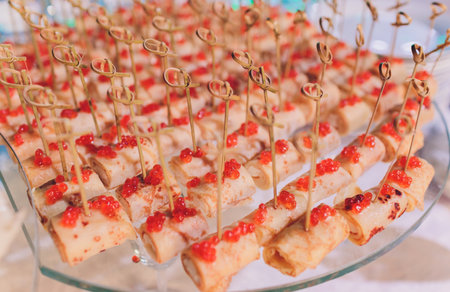Fresh Assorted snacks of canape on the table.の写真素材