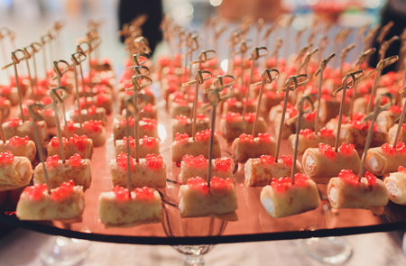 Fresh Assorted snacks of canape on the table.の写真素材