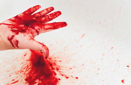 Bloody in sink with flowing red blood. Murder concept background. handの写真素材