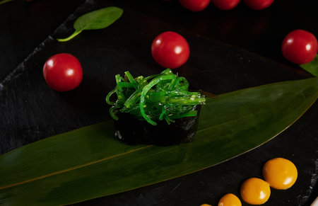 Traditional Japanese food - sushi, rolls and sauce on a black background. Top view.の写真素材