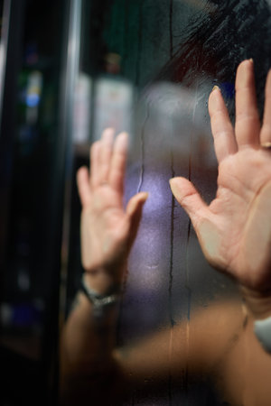 A Deep Emotional Reflection Observed on a Foggy Glass Surface that Invokes Contemplationの写真素材
