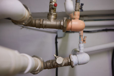 A Complex Plumbing System with Various Pipes and Fittings for Effective Efficiencyの写真素材