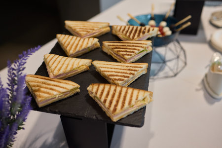 Indulge in Delicious Grilled Sandwiches Served on an Elegant Black Tray for Everyoneの写真素材