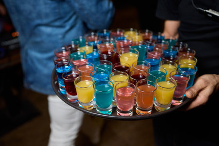 Vibrant and Colorful Shot Glasses Arranged on a Tray for a Fun and Lively Party Eventの写真素材