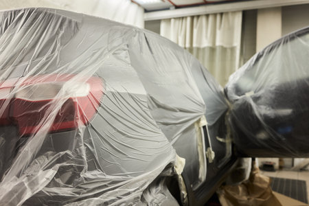 The automobile is covered in protective plastic for proper storage and safety measuresの写真素材