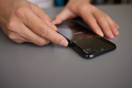 replacing broken glass with a new one. Broken smartphone display. Broken glass phone. Smartphone...