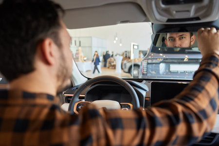 Man examines his reflection in cars rearview mirror