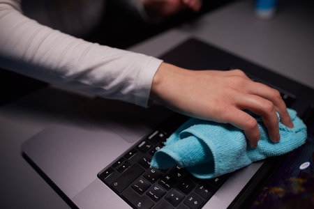 Cleaning the screen of laptop computer with microfiber cloth by hand