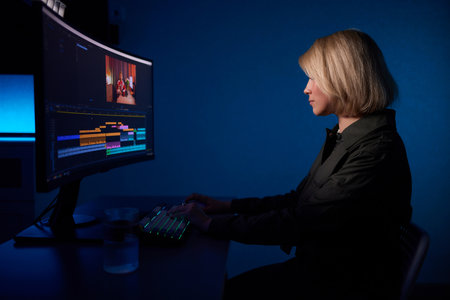 Beautiful Female Video Editor Works with Footage on Her Personal Computer, She Works in Creative Office Studio.の写真素材