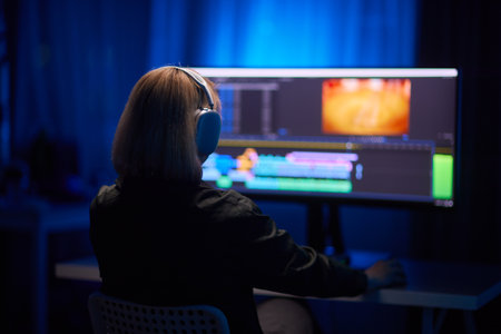 Beautiful Female Video Editor Works with Footage on Her Personal Computer, She Works in Creative Office Studio.の写真素材