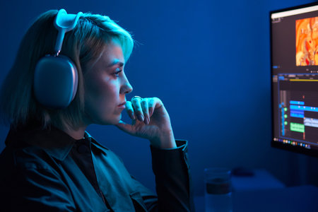 Beautiful Female Video Editor Works with Footage on Her Personal Computer, She Works in Creative Office Studio.の写真素材