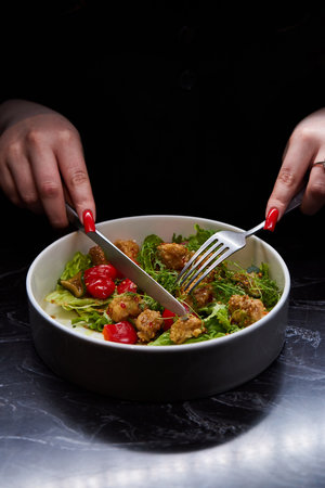 White bowl with lettuce, tomatoes, and chicken saladの写真素材