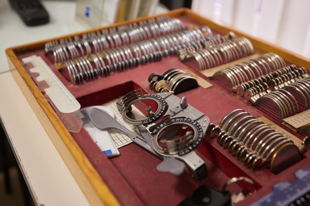 Optometrists Trial Lens Set and Frame are crucial tools for eye examination in optometryの写真素材