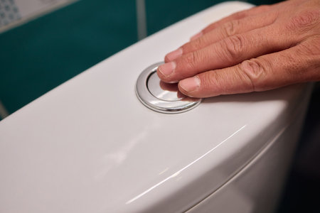 A Close Up Image of a Hand Actively Pressing the Toilet Flush Button Within a Modern Bathroomの写真素材