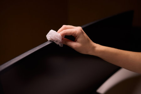 Cleaning a Modern Television Screen Effectively for Optimal Clarity and Brightnessの写真素材