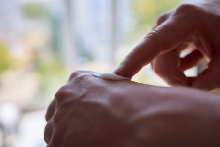 A person is gently rubbing lotion onto their hand