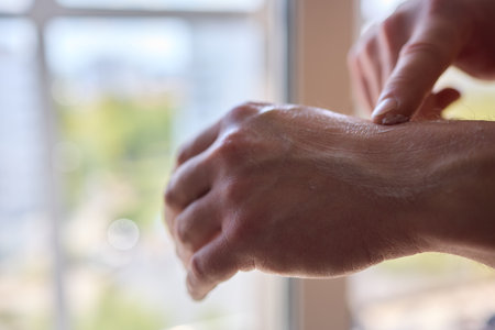 A person is gently rubbing lotion onto their handの写真素材