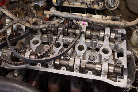 Dirty engine head on tiled floor with scattered parts