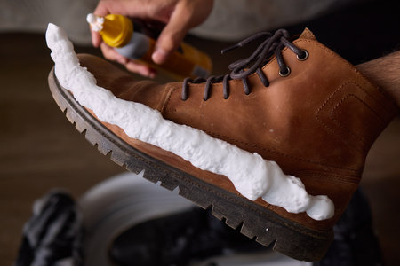 Leather Boot Cleaning with Foam, part of shoe maintenance and caring for leather products