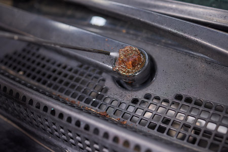 A detailed closeup image of a rusty car wiper mechanism, showcasing corrosion and neglectの写真素材
