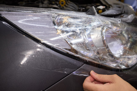 Protective film applied to car bumper in detailing workshop for safety and maintenanceの写真素材