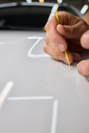 A man repaints a scratch on a car part in an auto repair shop with precision and craftsmanshipの写真素材