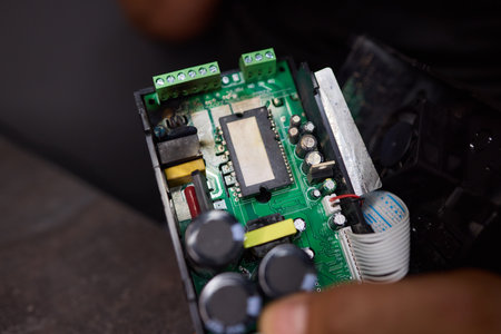 burnt Electronic circuit board with cooling fan and ribbon cable for hardware technology