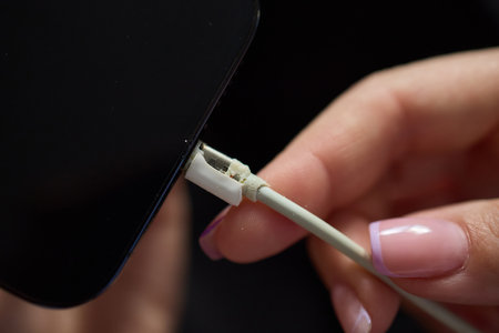 The image shows a closeup of someone gripping a lightning cable that appears to be damaged