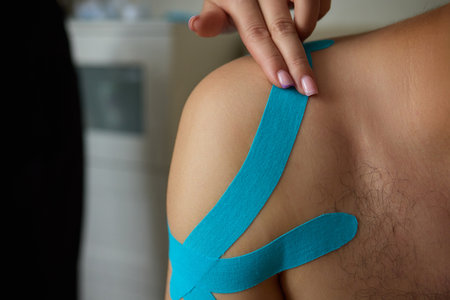 Physiotherapy session includes using kinesiology tape on the shoulder for support and recoveryの写真素材