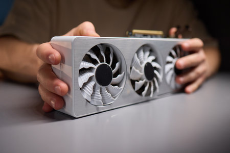 A technician is skillfully repairing a computer GPU fan with precision tools in a workshop