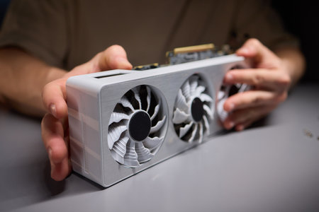 A technician is skillfully repairing a computer GPU fan with precision tools in a workshop