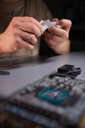 A technician is skillfully repairing a computer GPU fan with precision tools in a workshopの写真素材