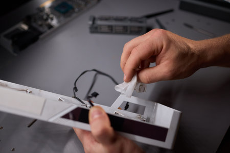 A technician is skillfully repairing a computer GPU fan with precision tools in a workshopの写真素材