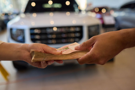 Car Purchase Transaction involves the exchange of money for the car and handing over of car keysの写真素材