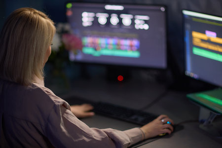 Professional Video Editor Working Late on Advanced Editing Software in Home Officeの写真素材