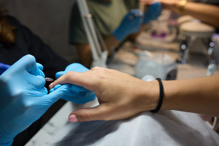 The dental specialist is using modern tools and wearing gloves to perform a precise procedureの写真素材