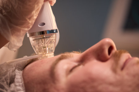 A man is currently undergoing a specialized facial treatment within a serene spa settingの写真素材