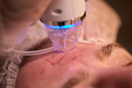 A man is currently undergoing a specialized facial treatment within a serene spa setting