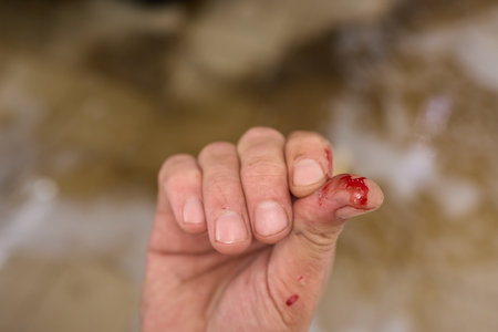 Close Up of an Injured Finger with Blood Detailed View of a Cut and Its Surroundingsの写真素材