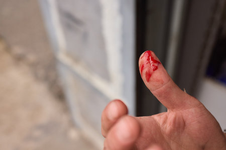 Close Up of an Injured Finger with Blood Detailed View of a Cut and Its Surroundingsの写真素材