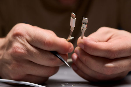 Hands Firmly Holding USB and Connector Cables for the Purpose of Electronics Repair Work