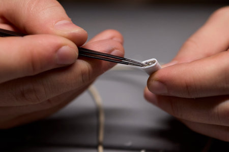 Repairing Earbuds Close Up of Effective Cable Maintenance Techniques and Tips for Successの写真素材
