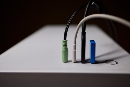 An extreme closeup view of various Audio and Data Cables connected to a Device unit
