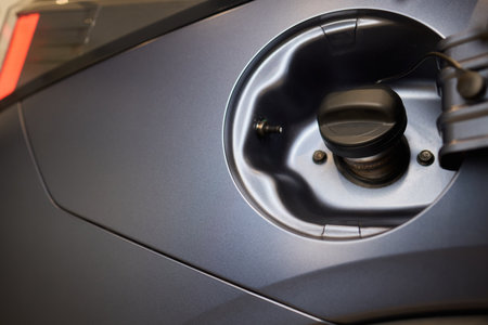 Detailed Closeup of the Fuel Cap on a Contemporary and Modern Automobile Vehicle Designの写真素材