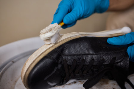 The process of cleaning shoes is currently underway, utilizing a foam and a brush diligentlyの写真素材