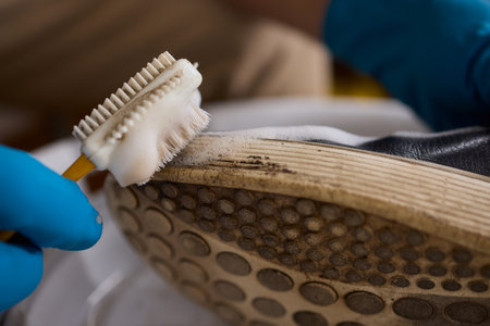 The process of cleaning shoes is currently underway, utilizing a foam and a brush diligentlyの写真素材