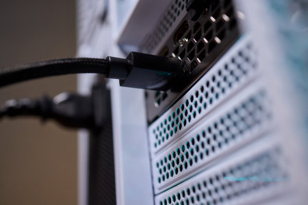 Connecting a Cable to a Computer Server for Proper Functionality and Communication Needsの写真素材